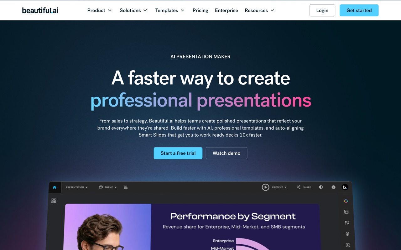 Beautiful.ai, an AI presentation maker, homepage