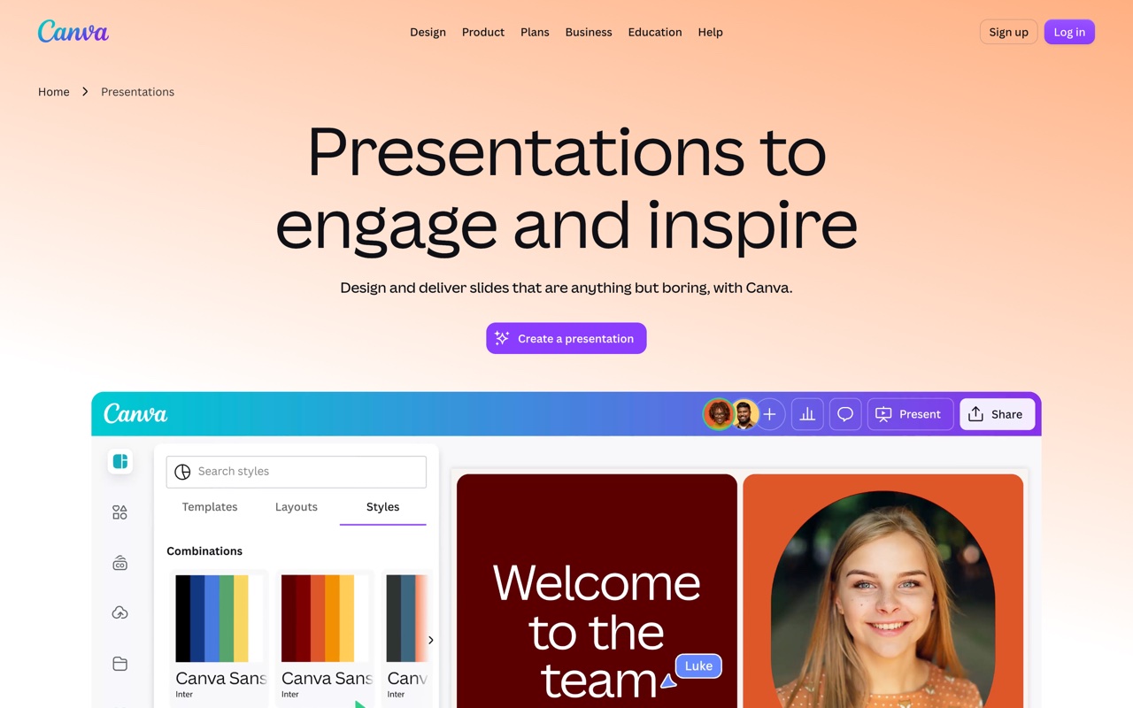 Canva, a design platform with AI presentations, homepage