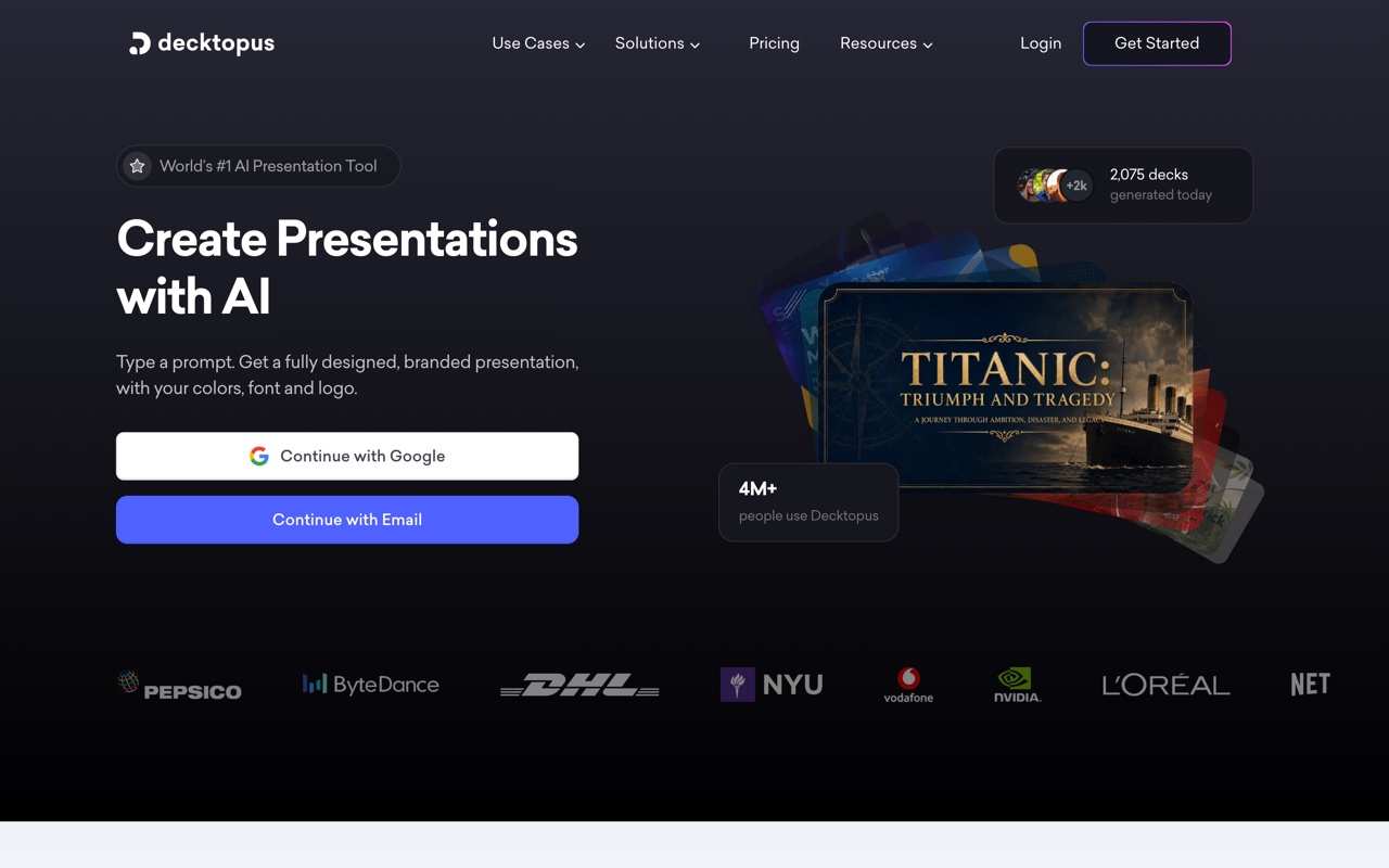 Decktopus, an AI presentation maker with guided creation, homepage
