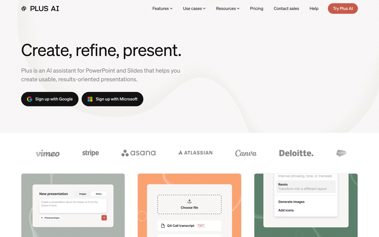 Plus AI, an AI slide maker for Google Slides and PowerPoint, homepage