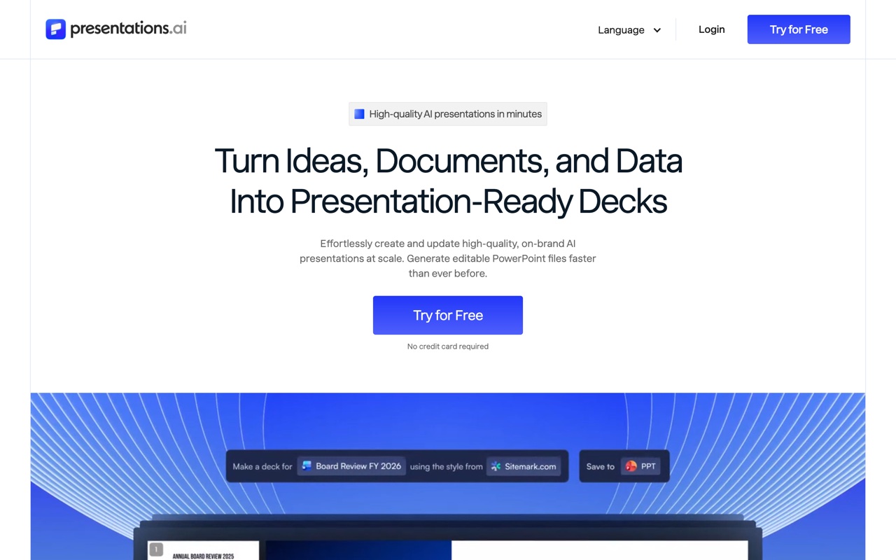 Presentations.ai, an AI presentation tool for business decks, homepage